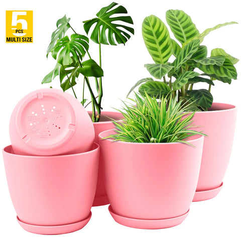 5pcs Modern Plastic Flower Pot Set with Drainage Holes and Trays for Indoor/Outdoor Plants