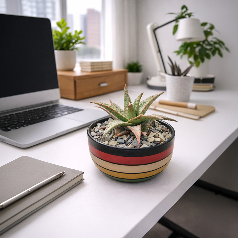 Aloe Succulent in Striped Ceramic Dish – Bold Desk Plant