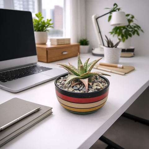 Aloe Succulent in Striped Ceramic Dish – Bold Desk Plant