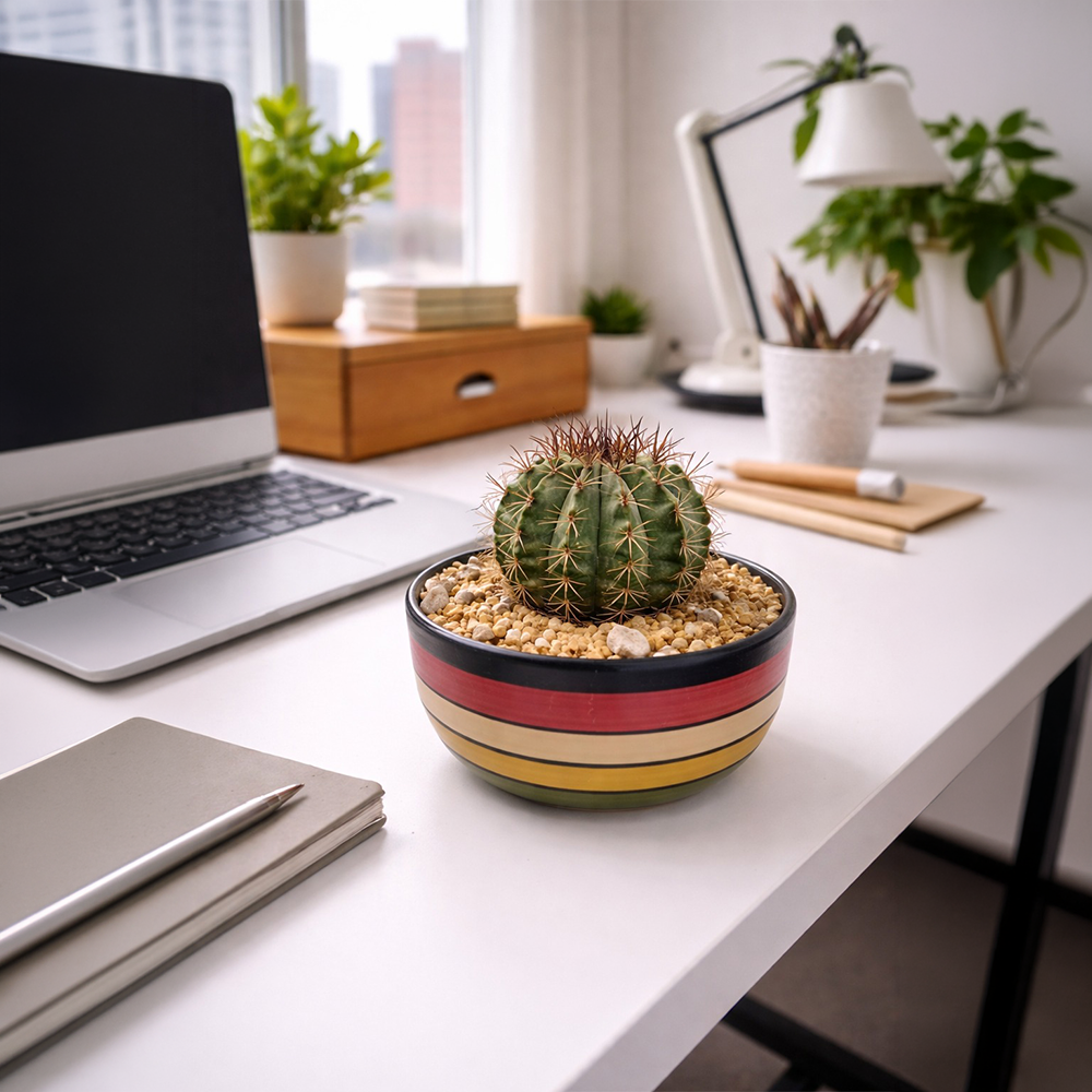 Barrel Cactus in Striped Ceramic Dish – Modern Desk Plant