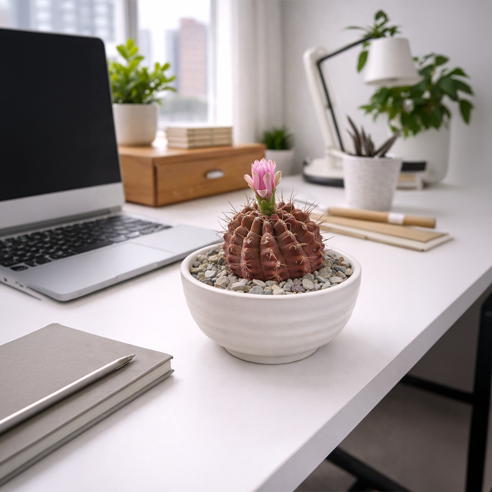 Blooming Gymnocalycium Cactus in Ceramic Dish – Pink Flower Edition