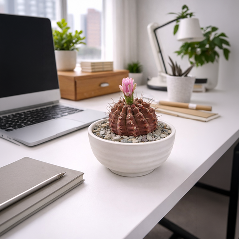 Blooming Gymnocalycium Cactus in Ceramic Dish – Pink Flower Edition