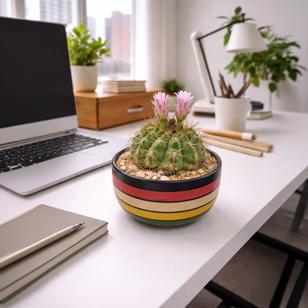 Blooming Gymnocalycium Cactus in Striped Ceramic Dish – Flowering Desk Plant