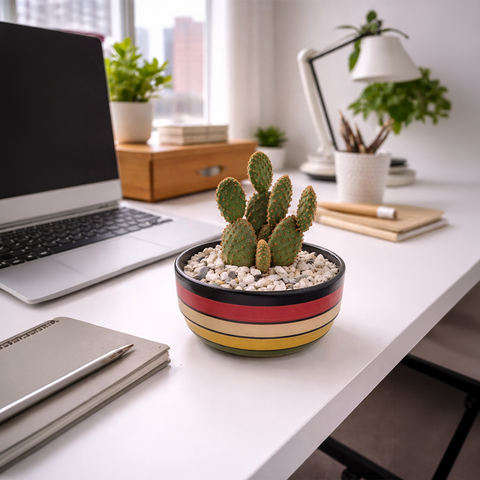 Bunny Ear Cactus in Striped Ceramic Dish – Cute Desk Plant