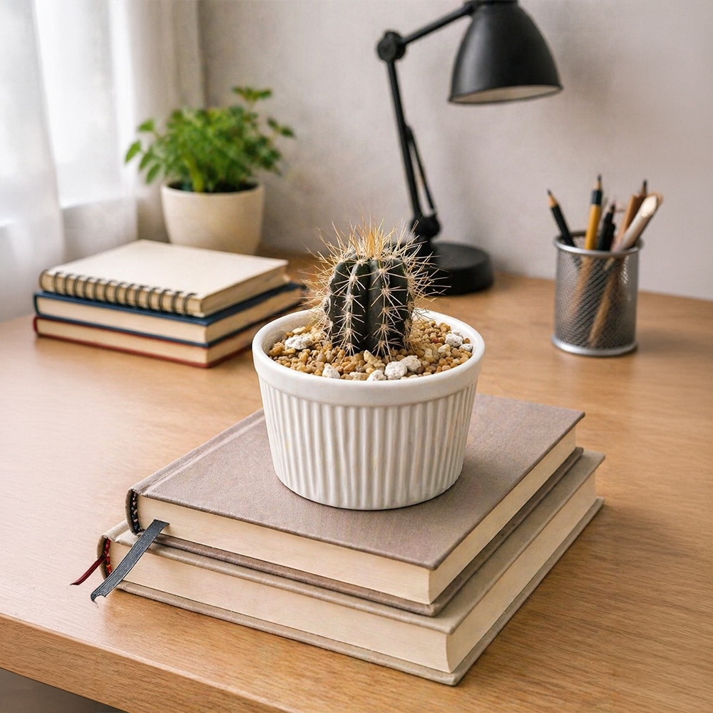 Dark Gymnocalycium Cactus in White Ceramic Pot – Bold Desk Plant