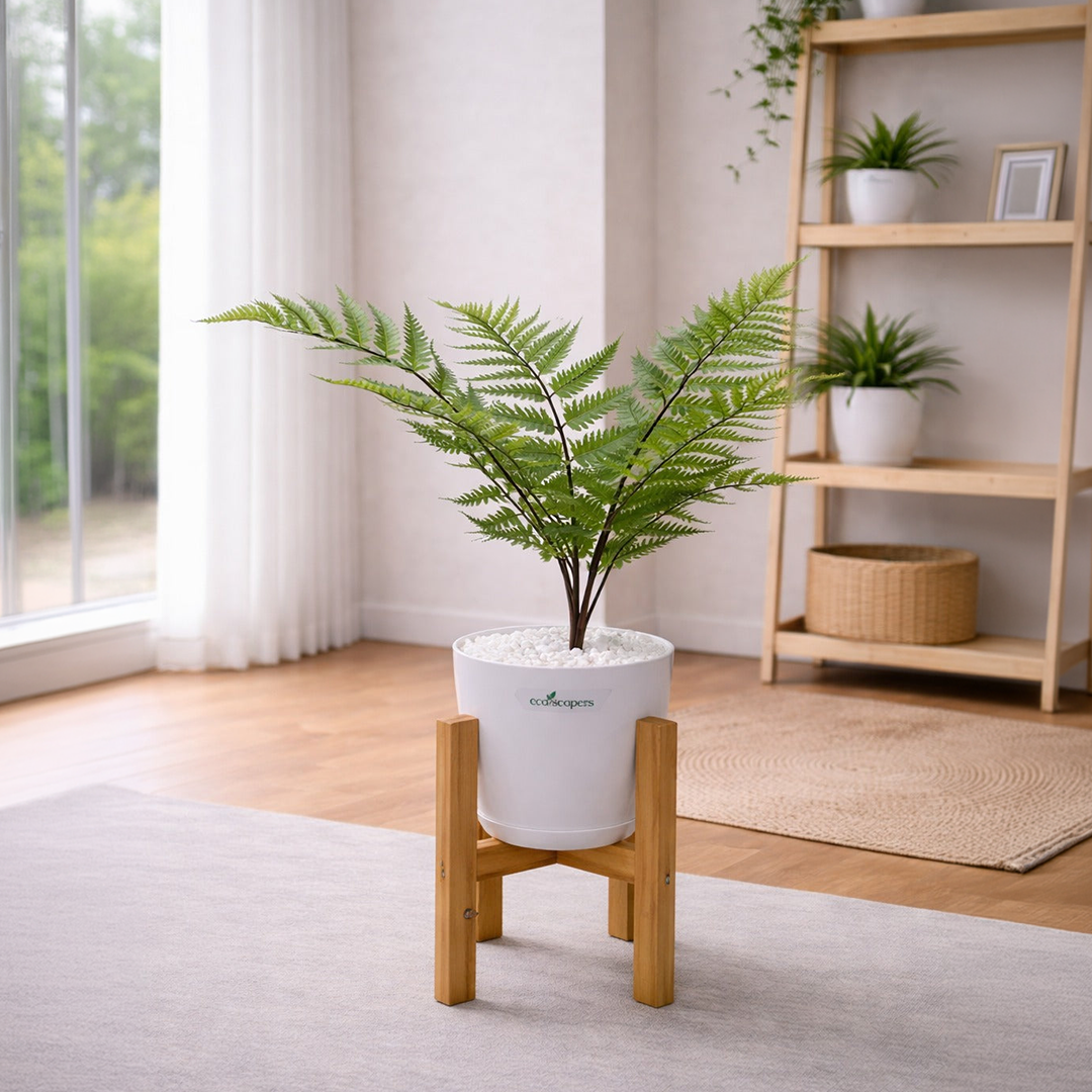 Lifelike Fern (Cream & Green) with Wooden Stand | Indoor Plant Décor Pakistan