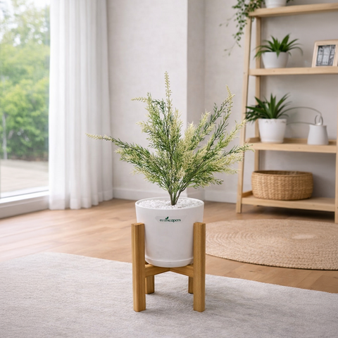 Lifelike Fern (Cream & Green) with Wooden Stand | Indoor Plant Décor Pakistan