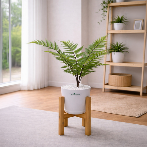 Lifelike Fern (Cream & Green) with Wooden Stand | Indoor Plant Décor Pakistan
