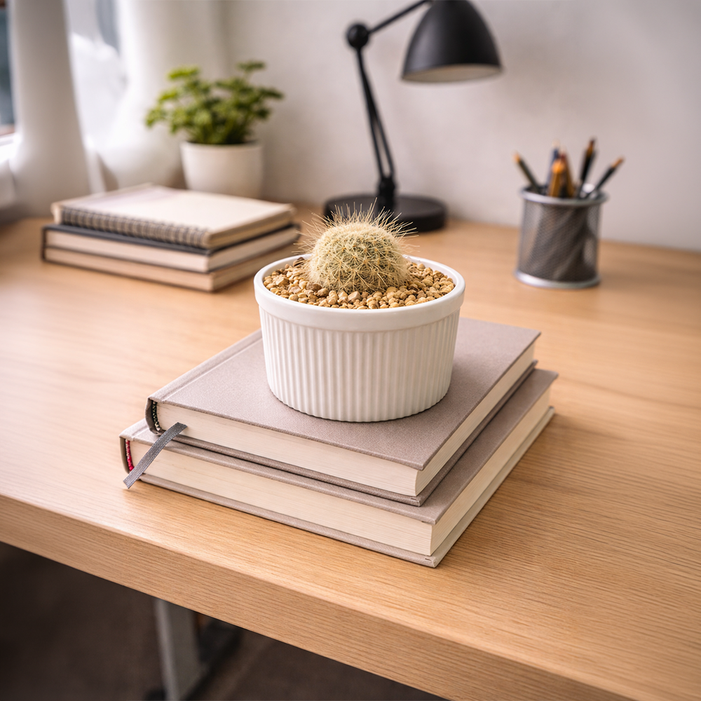 Golden Ball Cactus in White Ceramic Pot – Minimal Desk Plant
