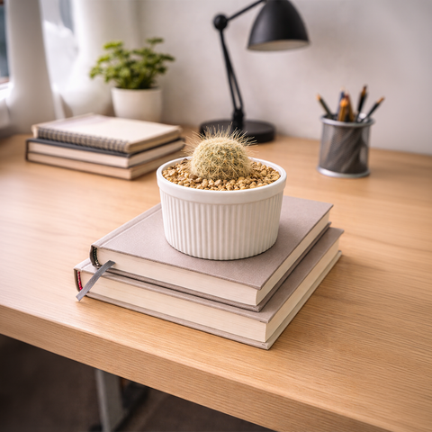 Golden Ball Cactus in White Ceramic Pot – Minimal Desk Plant
