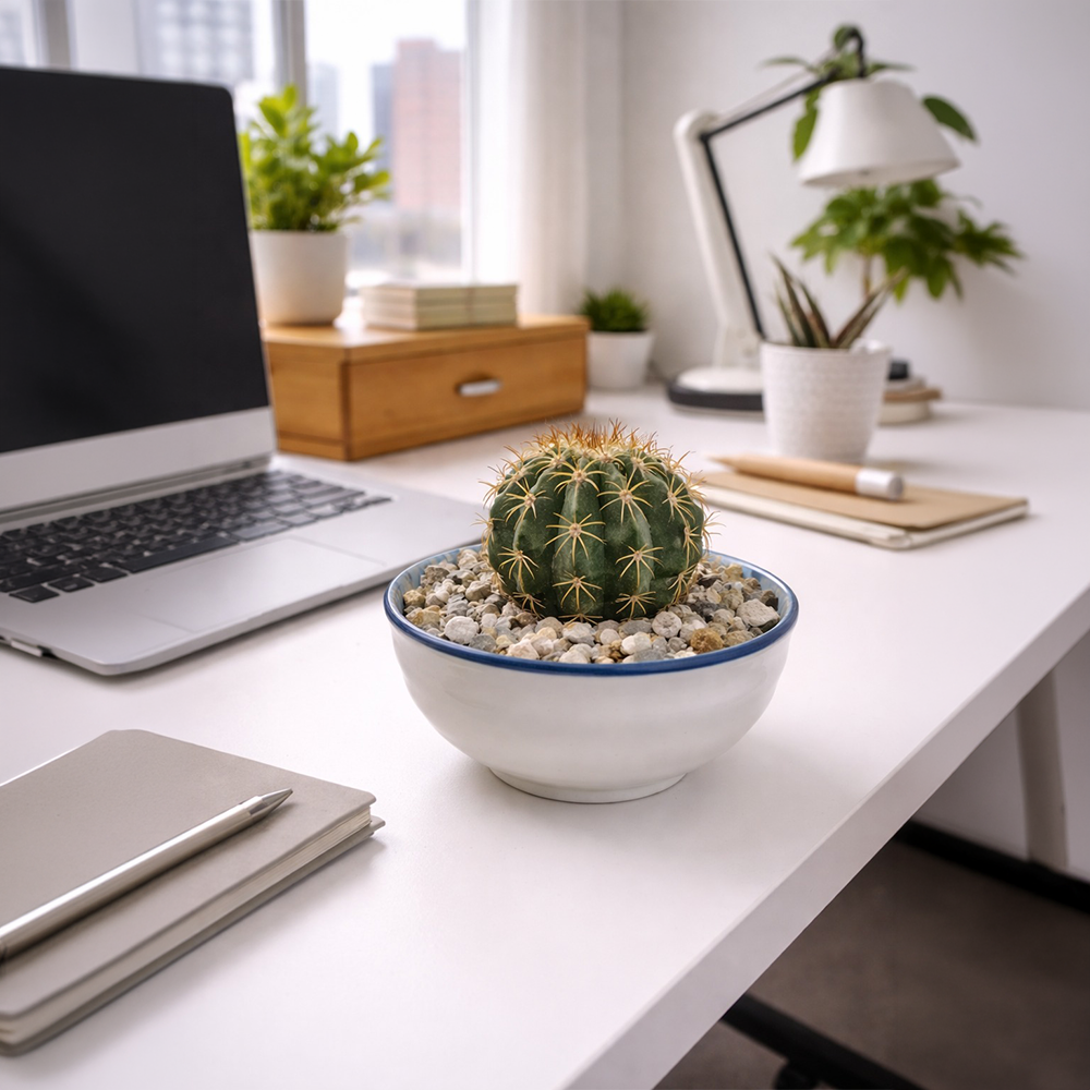Golden Barrel Cactus in Ceramic Dish – Minimal Desk Plant