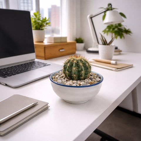 Golden Barrel Cactus in Ceramic Dish – Minimal Desk Plant