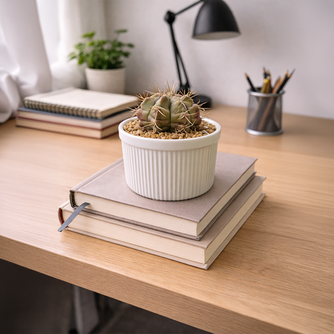 Gymnocalycium Cactus in White Ceramic Pot – Minimal Desk Plant