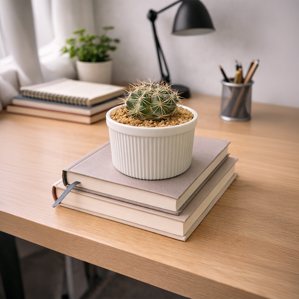 Gymnocalycium Round Cactus in White Ceramic Pot – Minimal Desk Plant