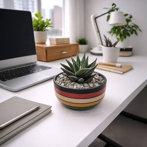 Haworthia Limifolia in Striped Ceramic Dish – Premium Desk Succulent