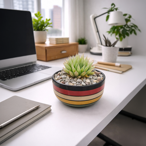 Haworthia Succulent in Striped Ceramic Dish – Minimal Desk Plant