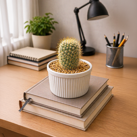 Mammillaria Golden Cactus in White Ceramic Pot – Premium Desk Plant