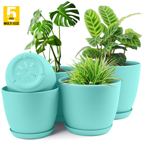 5pcs Modern Plastic Flower Pot Set with Drainage Holes and Trays for Indoor/Outdoor Plants