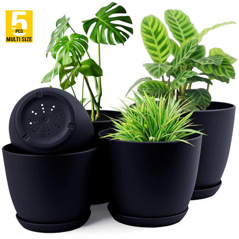 5pcs Modern Plastic Flower Pot Set with Drainage Holes and Trays for Indoor/Outdoor Plants