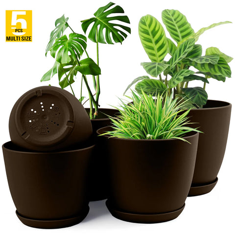 5pcs Modern Plastic Flower Pot Set with Drainage Holes and Trays for Indoor/Outdoor Plants