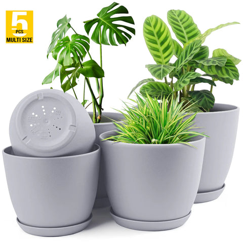 5pcs Modern Plastic Flower Pot Set with Drainage Holes and Trays for Indoor/Outdoor Plants