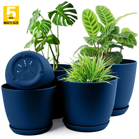 5pcs Modern Plastic Flower Pot Set with Drainage Holes and Trays for Indoor/Outdoor Plants