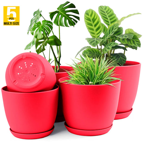 5pcs Modern Plastic Flower Pot Set with Drainage Holes and Trays for Indoor/Outdoor Plants