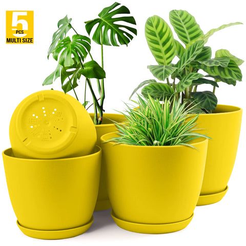 5pcs Modern Plastic Flower Pot Set with Drainage Holes and Trays for Indoor/Outdoor Plants