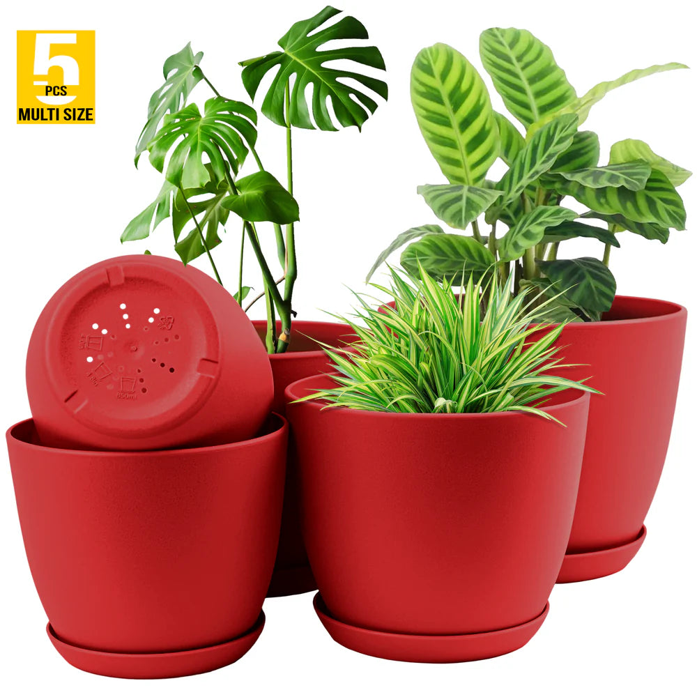 5pcs Modern Plastic Flower Pot Set with Drainage Holes and Trays for Indoor/Outdoor Plants