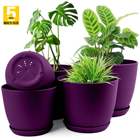 5pcs Modern Plastic Flower Pot Set with Drainage Holes and Trays for Indoor/Outdoor Plants