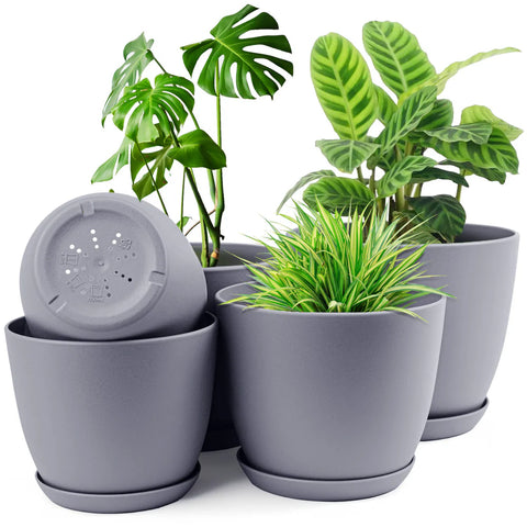 5pcs Modern Plastic Flower Pot Set with Drainage Holes and Trays for Indoor/Outdoor Plants