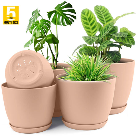 5pcs Modern Plastic Flower Pot Set with Drainage Holes and Trays for Indoor/Outdoor Plants