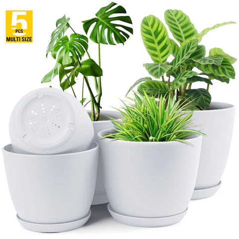 5pcs Modern Plastic Flower Pot Set with Drainage Holes and Trays for Indoor/Outdoor Plants