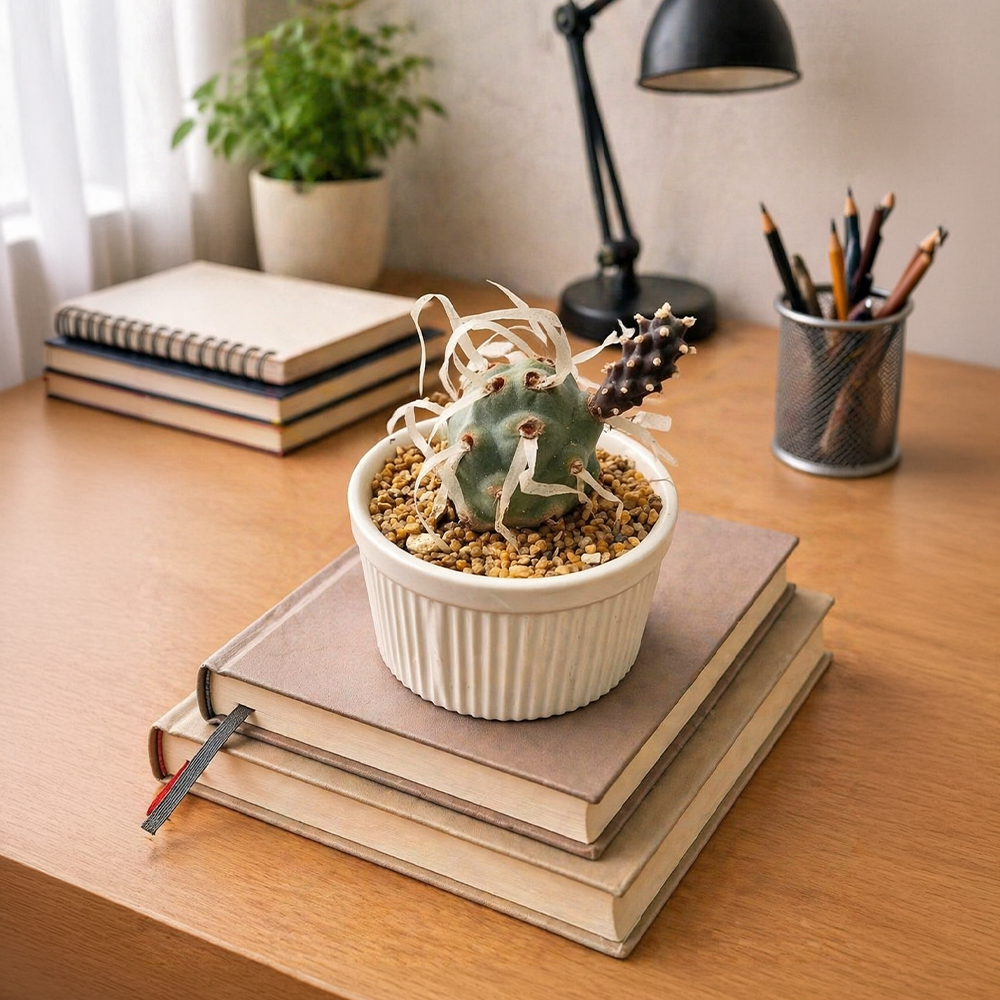 Tephrocactus Paper Spine Cactus in White Ceramic Pot – Rare Statement Plant