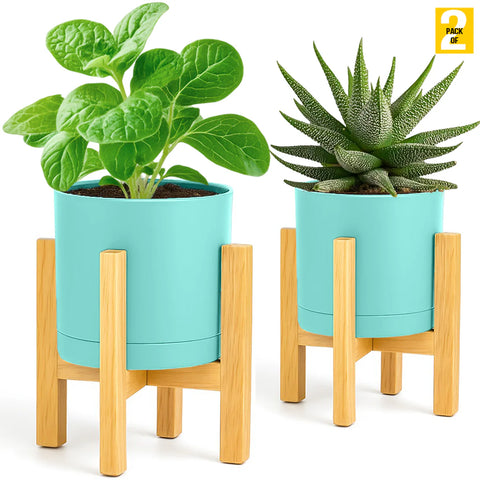 Modern Cylinder Planter Pots with Drainage & Wooden Stand