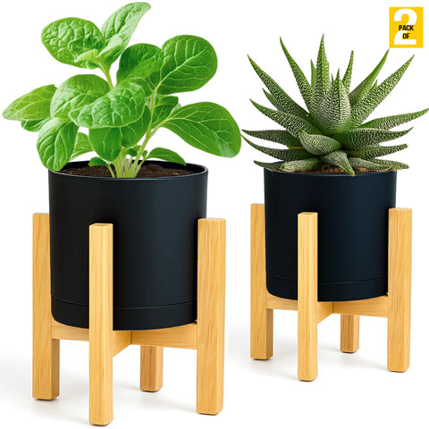Modern Cylinder Planter Pots with Drainage & Wooden Stand