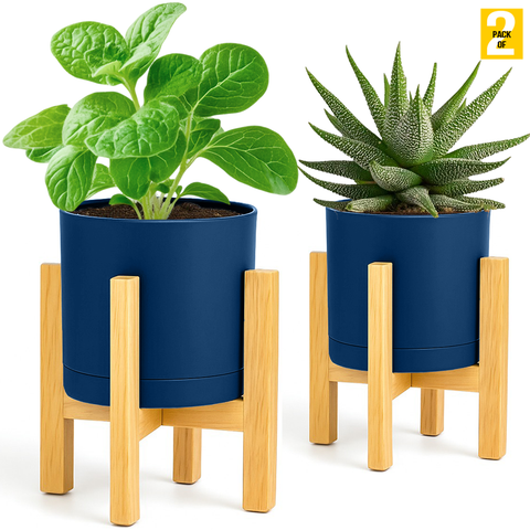 Modern Cylinder Planter Pots with Drainage & Wooden Stand