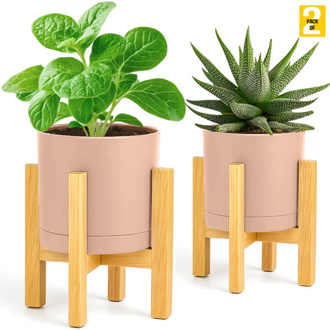 Modern Cylinder Planter Pots with Drainage & Wooden Stand