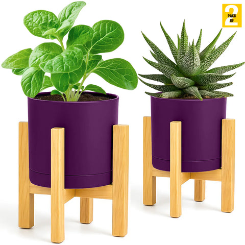 Modern Cylinder Planter Pots with Drainage & Wooden Stand