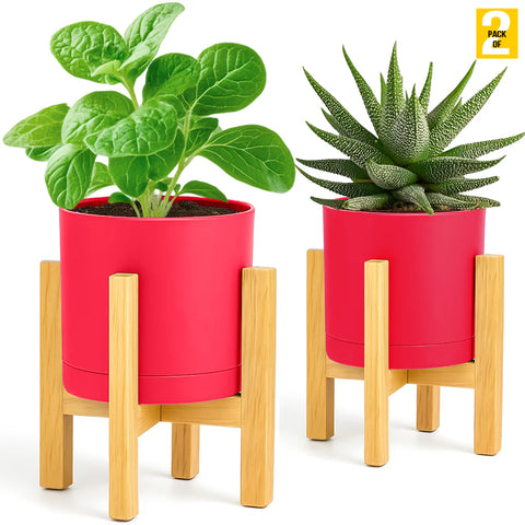 Modern Cylinder Planter Pots with Drainage & Wooden Stand