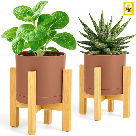 Modern Cylinder Planter Pots with Drainage & Wooden Stand