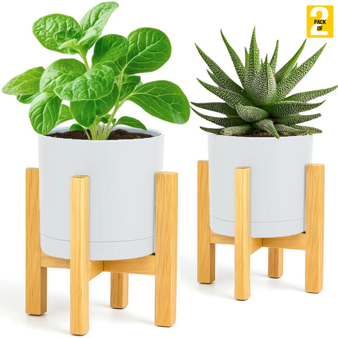 Modern Cylinder Planter Pots with Drainage & Wooden Stand