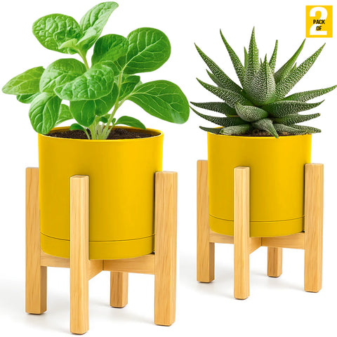 Modern Cylinder Planter Pots with Drainage & Wooden Stand